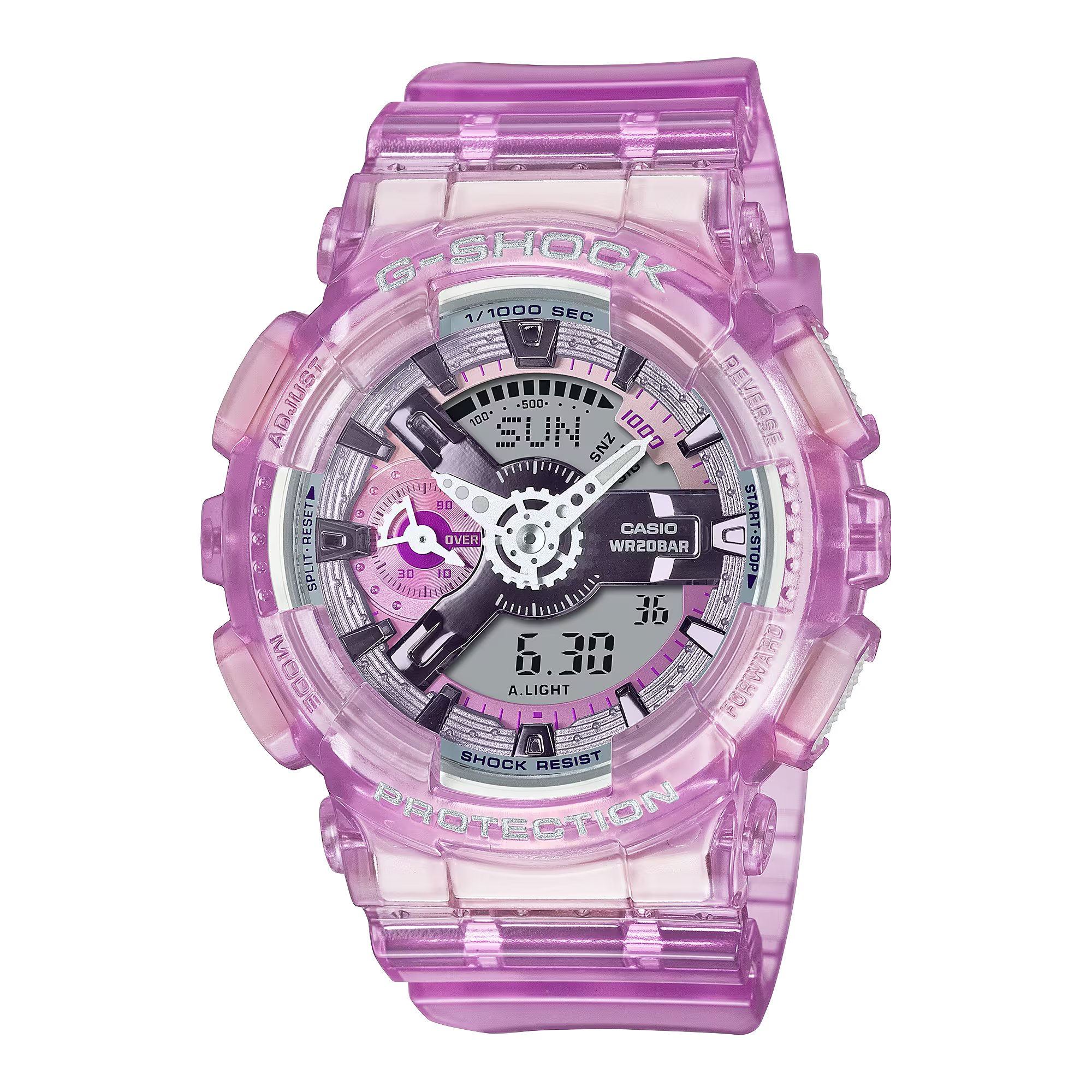 Casio G-SHOCK 遨遊未來粉色半透明女士指針數碼手錶 GMA-S110VW-4A
