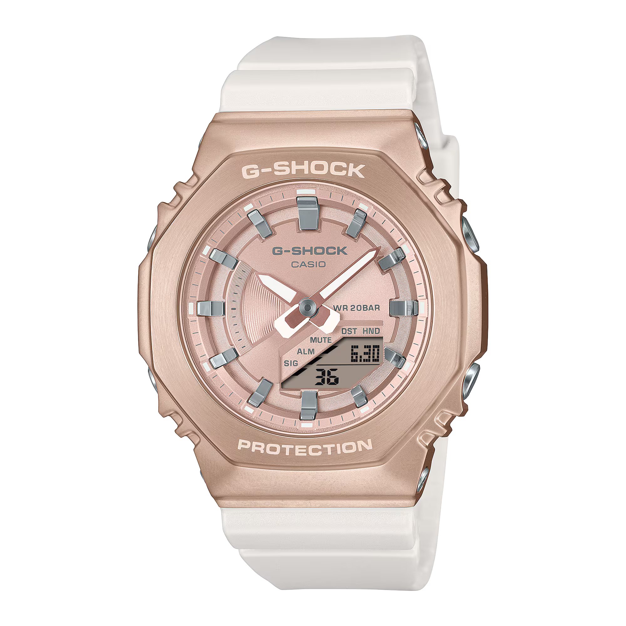 Casio G-SHOCK 奢華桃紅金色錶圈白色珠光錶帶指針數碼女士手錶 GM-S2100CW-7A