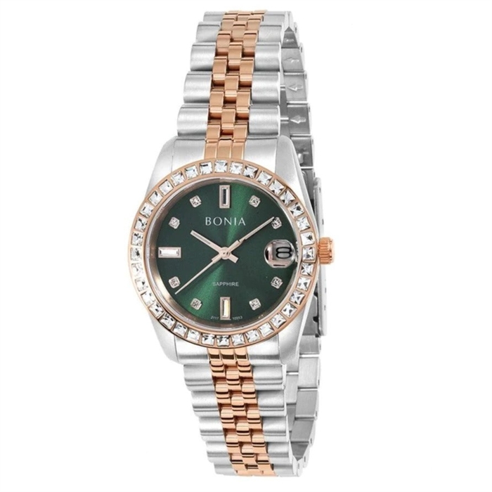 Bonia Noble Green Dial Stone Bezel Three-Hand Women's Quartz Watch BNB10553-3697S#