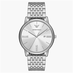 Emporio Armani 42mm 銀色錶盤三針日期不鏽鋼男士石英手錶 AR11599