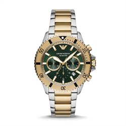 Emporio Armani 43.5mm Green Dial Gold Silver Stainless Steel Quartz Men's Watch AR11586