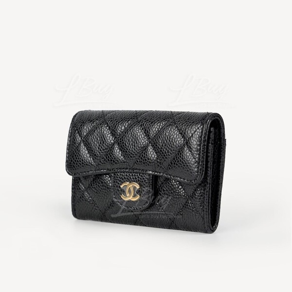 CHANEL-Chanel Classic Small Flap Wallet Card Holder Black with Gold Tone  Metal AP0214