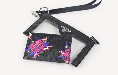 PRADA-Prada Saffiano Print PVC and Leather Pink Heart Print Card Holder  with Shoulder Strap 2TT097