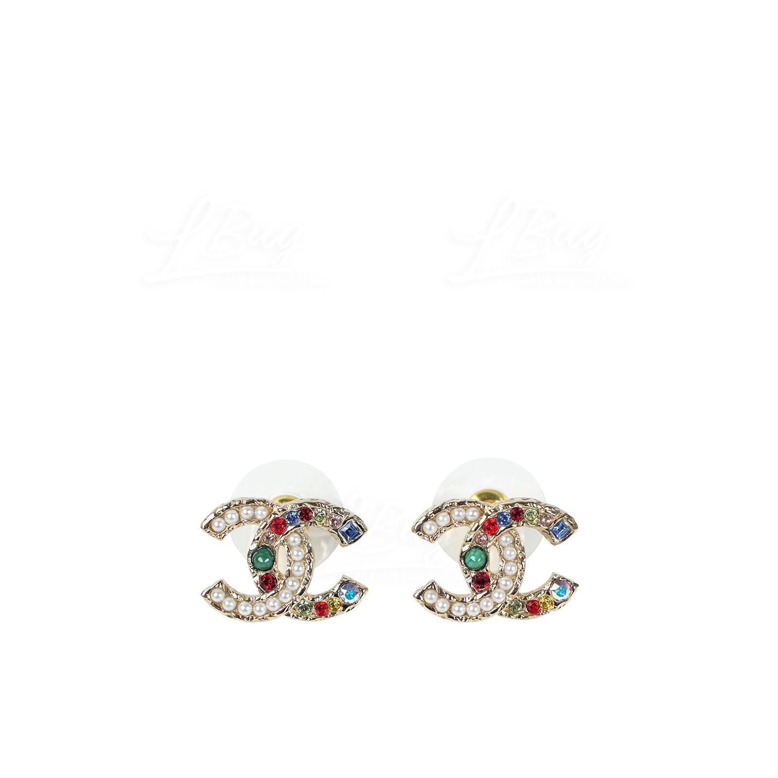 Chanel Gold CC Logo Colorful Rhinestone Pearl Earrings AB8257