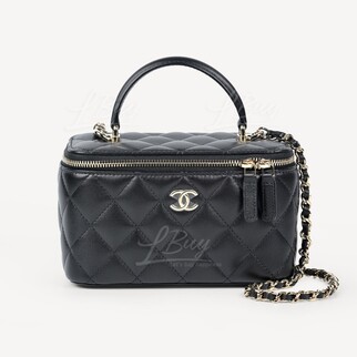 Chanel Mirror Black Long Vanity Case with Top Handle and Chain AP2199