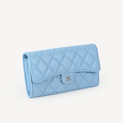 CHANEL-Chanel Classic Long Flap Wallet Light Blue with Gold Tone Metal  AP0241