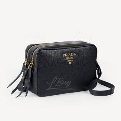 PRADA-Prada Gold Logo Leather Double Zipper Shoulder Bag Crossbody Bag Black