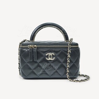 Chanel Vanity Case with Mirror Bottom CC Logo Gold Metal Black Handle and Chain AP2846