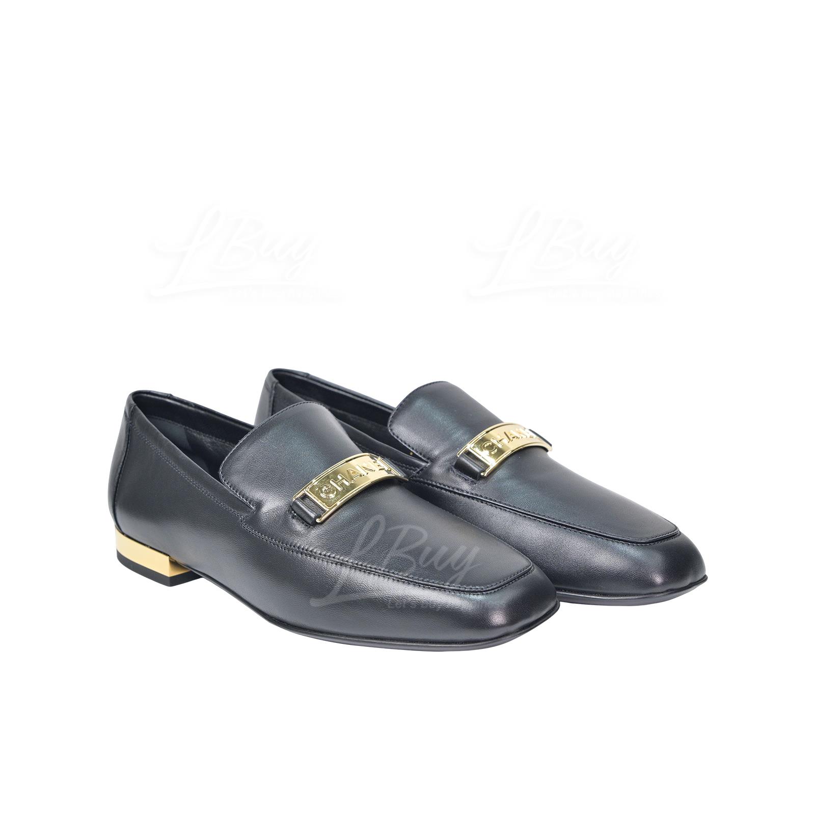 Chanel Metallic Gold Logo Black Leather Flats Shoes G39188