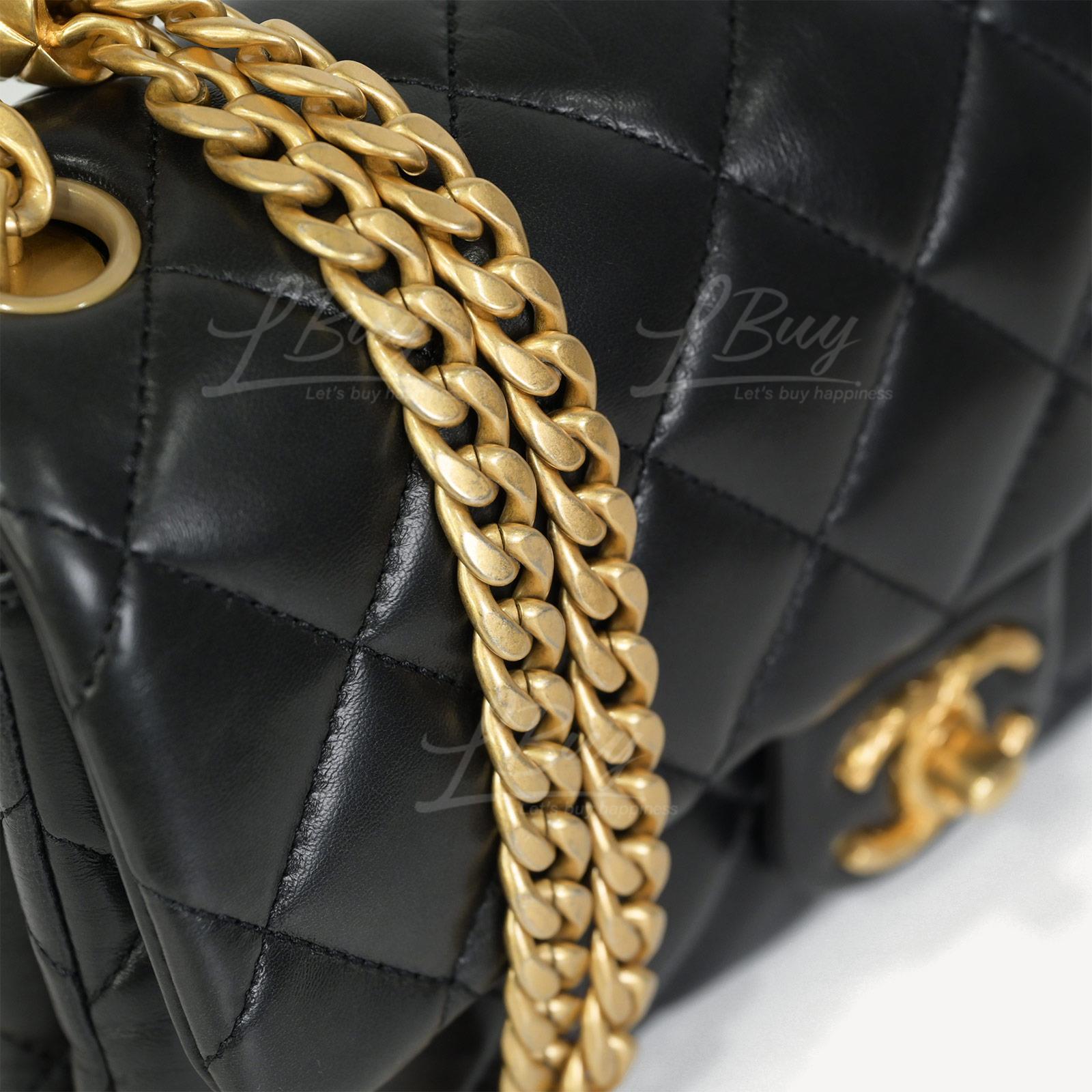 CHANEL-Chanel 調節小金扣金色鏈帶22cm黑色垂蓋手袋AS3393