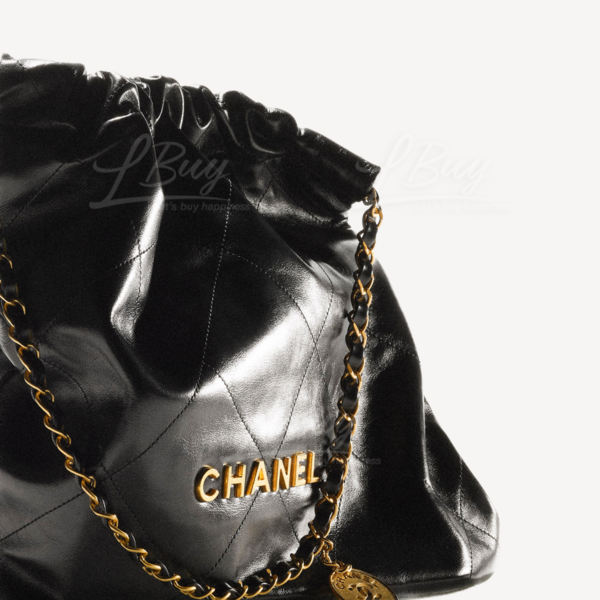 CHANEL-Chanel 22 Handbag Gold Colour Logo Shiny Calfskin Medium ...