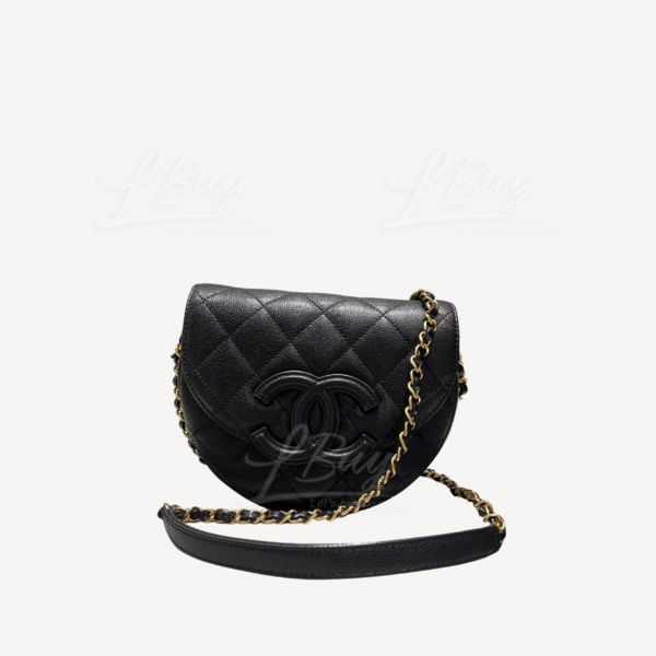 CHANEL-Chanel Grain Calfskin Large CC Logo Black Chain Mini Messenger Bag  Saddle Bag AS3867