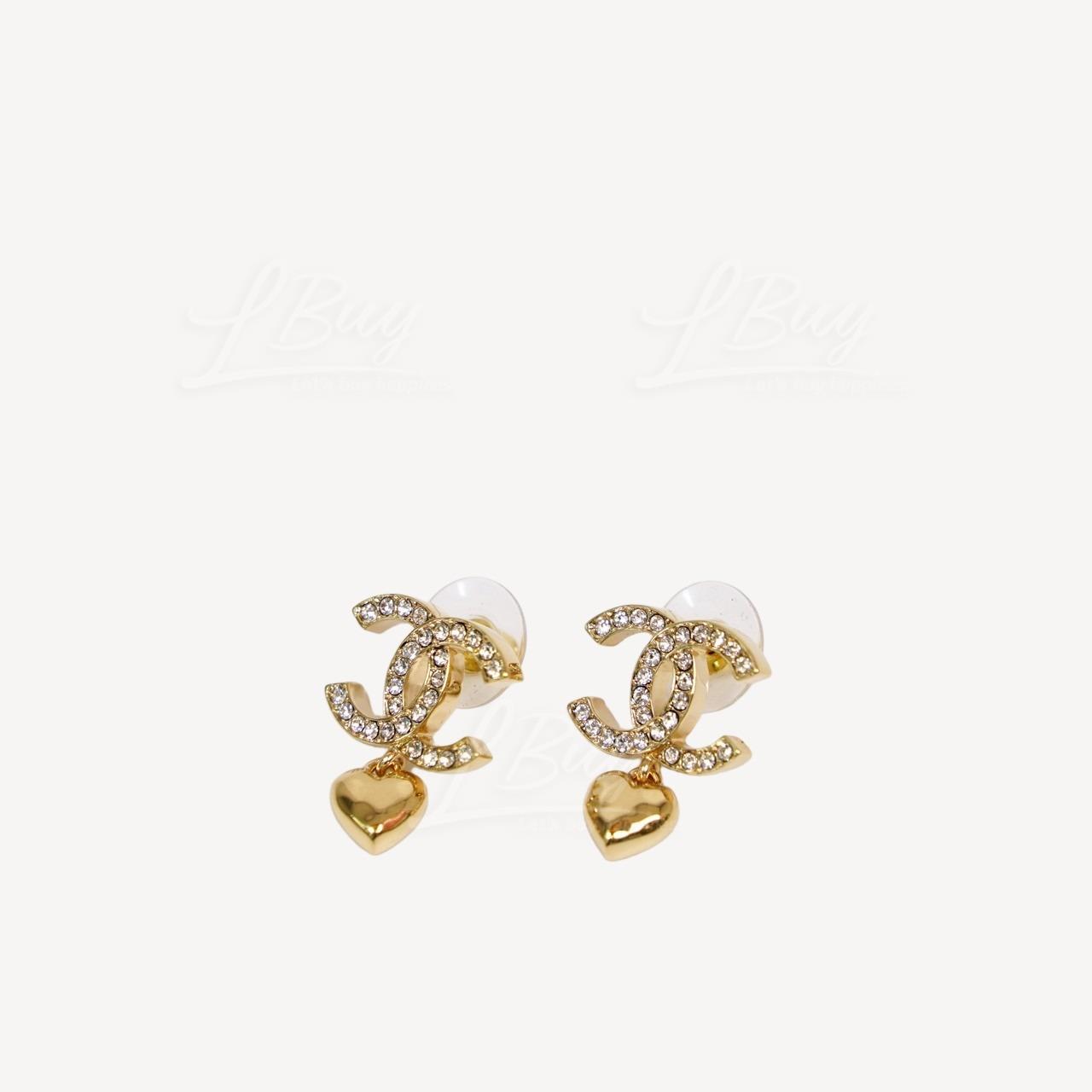 Chanel Gold Rhinestone CC Logo Pendant Heart-shaped Earrings ABA272