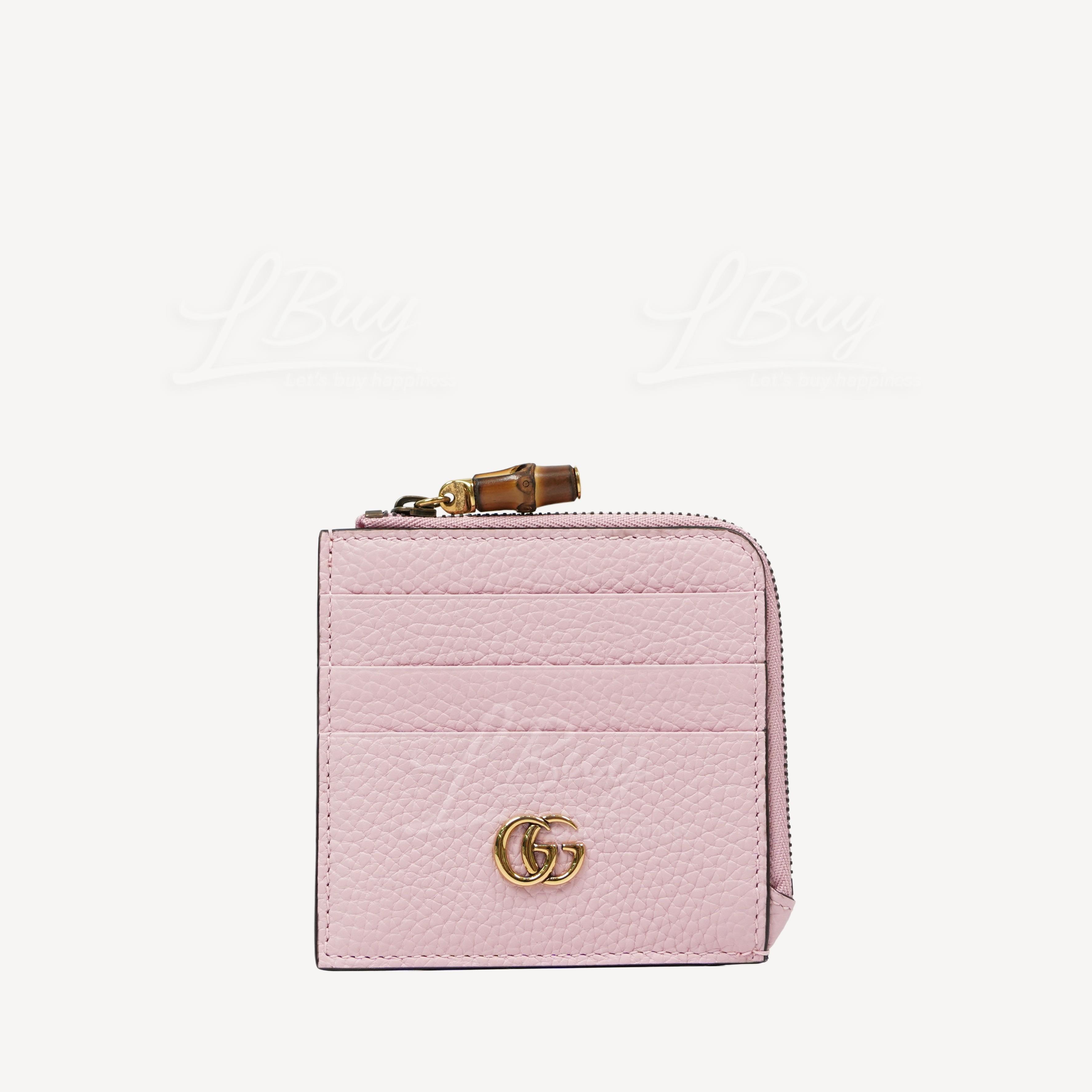 Gucci GG Logo Leather Card Case with Bamboo Zip Pink 739497