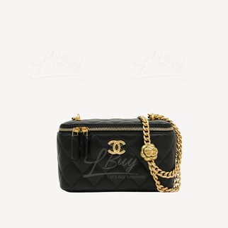 Chanel 山茶花調節扣鏈帶 金色CC Logo 內拼桃紅色 黑色長型化妝盒子 AP3301