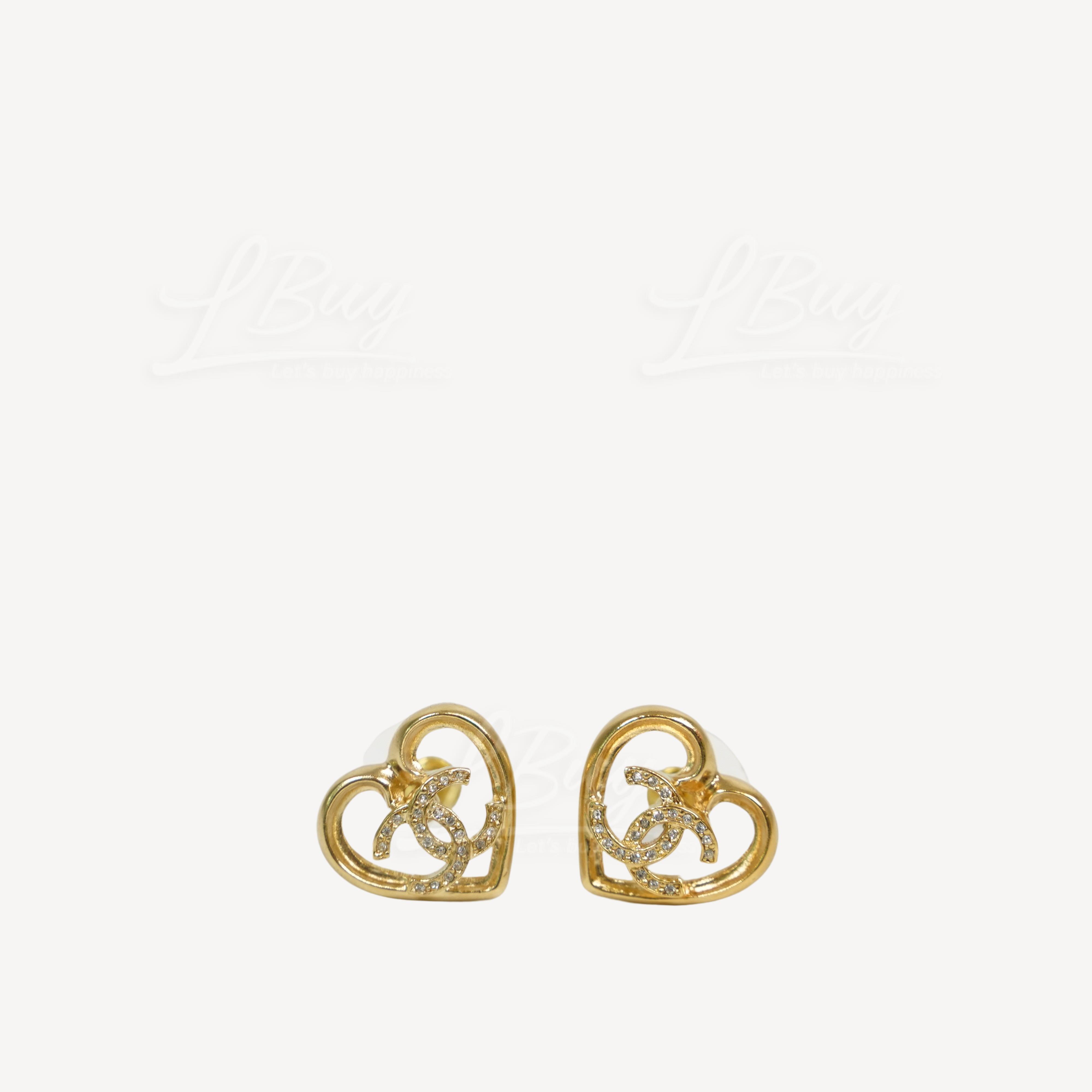 Chanel Gold CC Logo Rhinestone Heart Shape Earrings ABA103