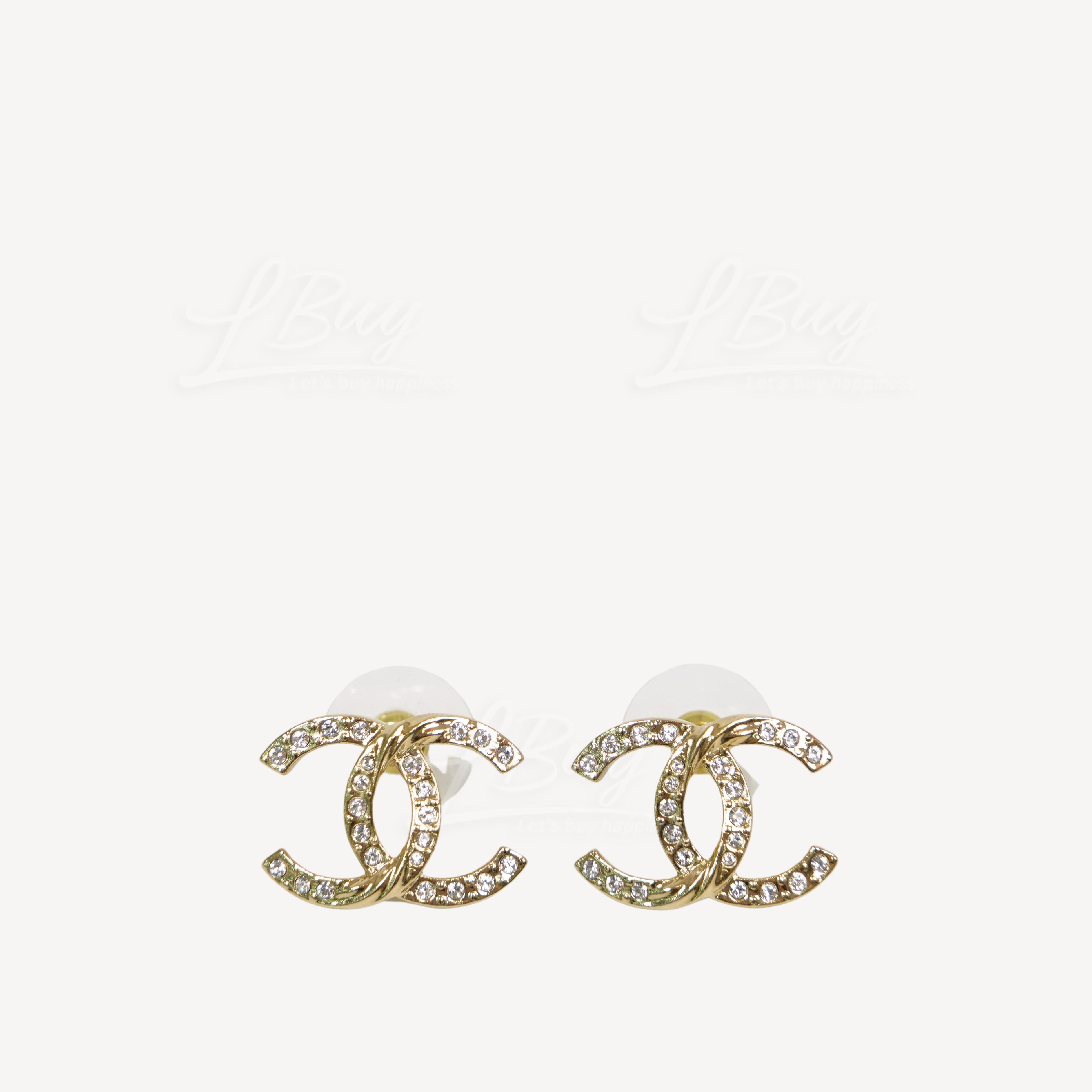 CHANEL-Chanel Gold Rhinestone CC Logo Earrings ABA157