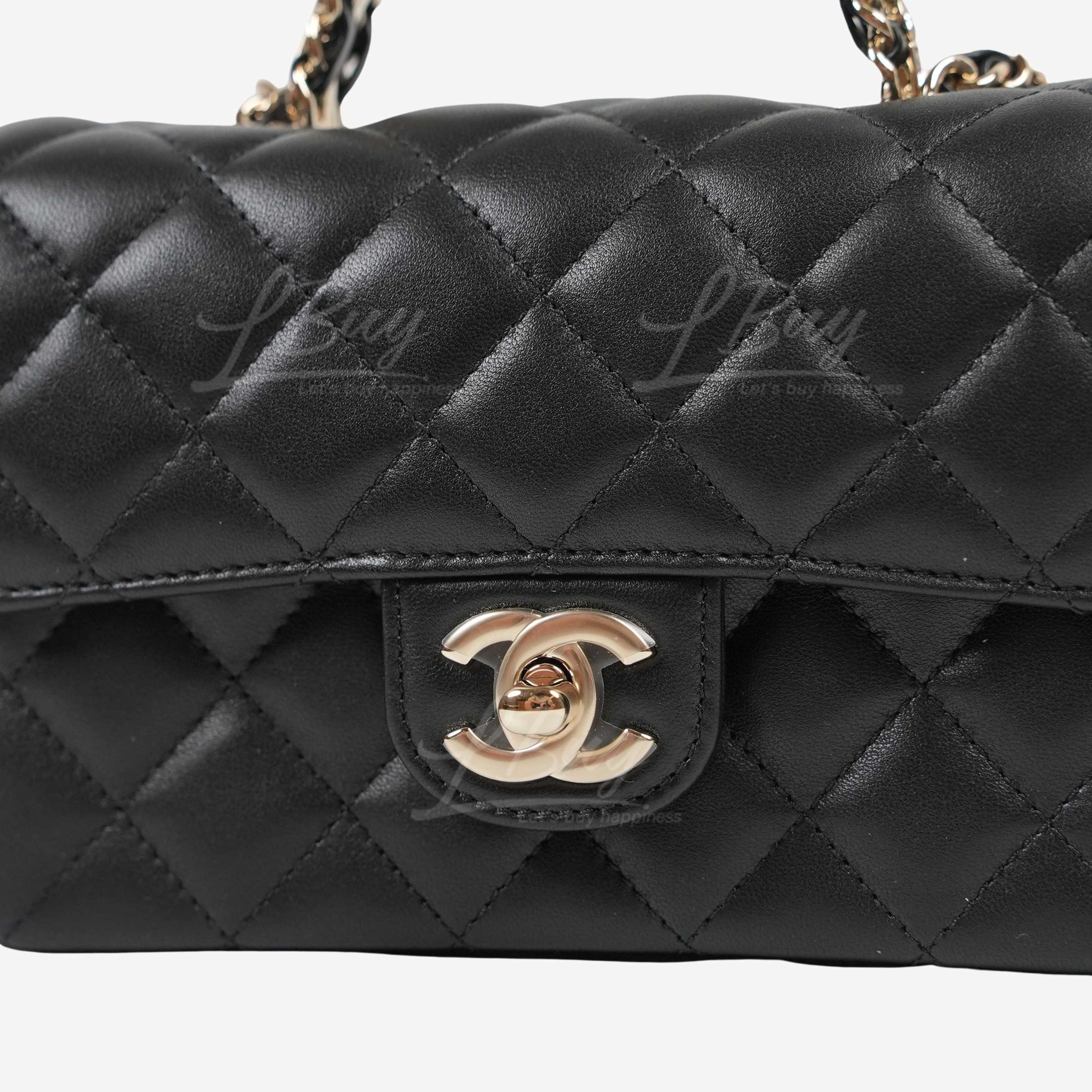 CHANEL-Chanel Rhinestone Handle Gold CC Logo 18cm Black Flap ...