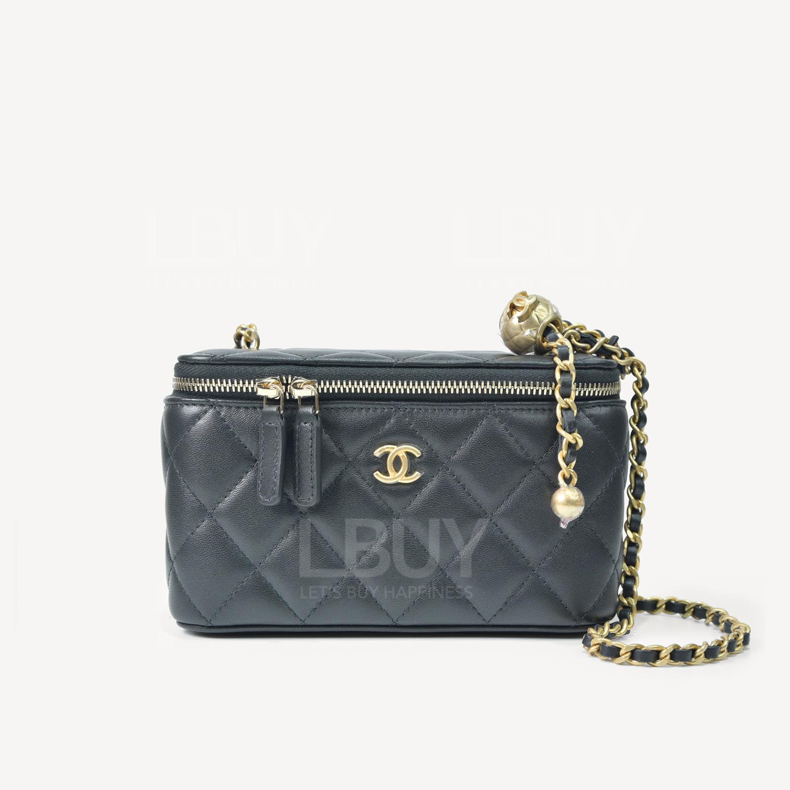Chanel Gold Ball Mirror Base CC Logo Black Long Vanity Case with Chain AP2303