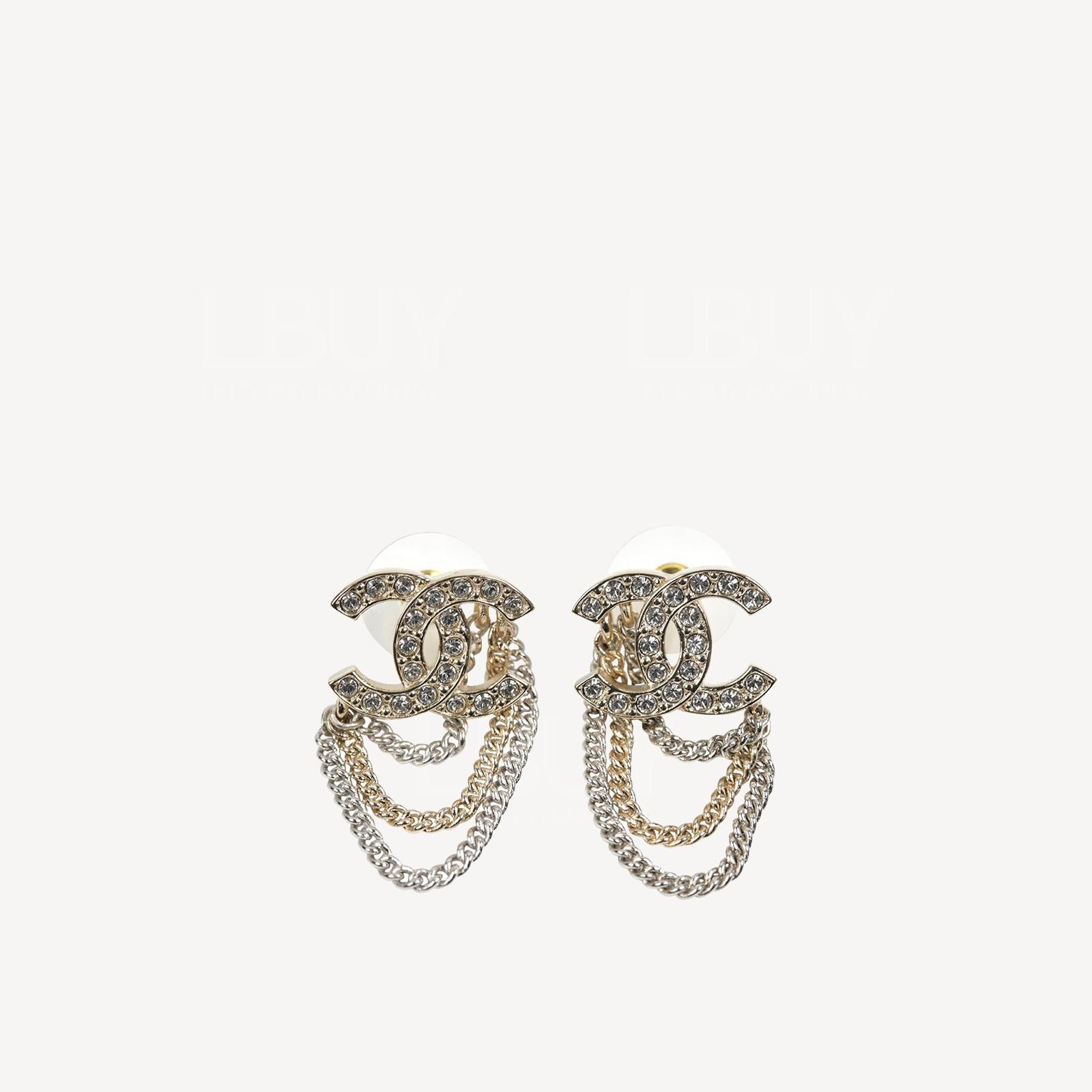 Chanel 水晶CC Logo鏈子吊墜耳環 AB7062