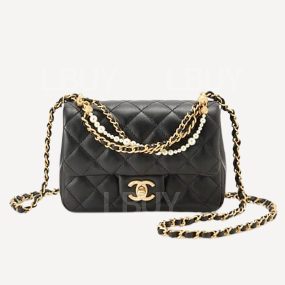 Chanel Gold CC Logo Shiny Lambskin Pearls Chain 17cm Mini Flap Bag Black AS4385