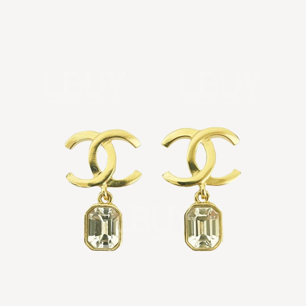 Chanel Gold CC Logo Pendant Square Rhinestone Earrings AB9313