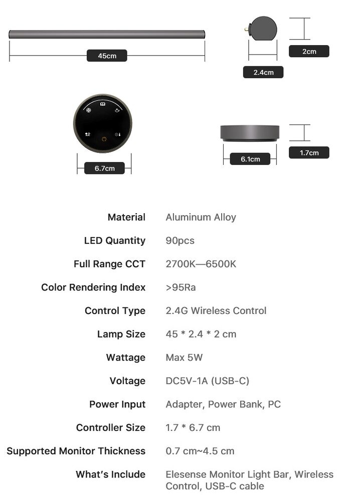 Elesense lampada LED da ufficio con controllo wireless illuminazione per  monitor 2 pezzi nero (E1129)