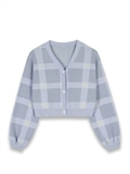 Puffy Sleeves Check Cardigan 
