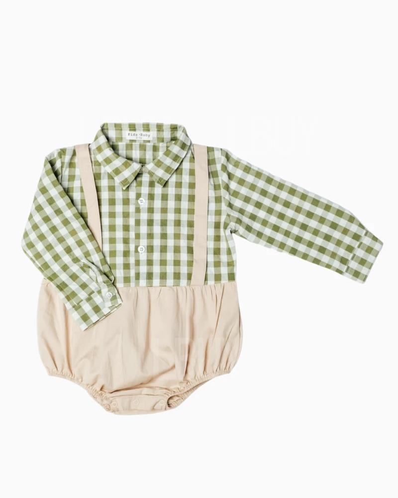 Suspender Romper - Green Plaid