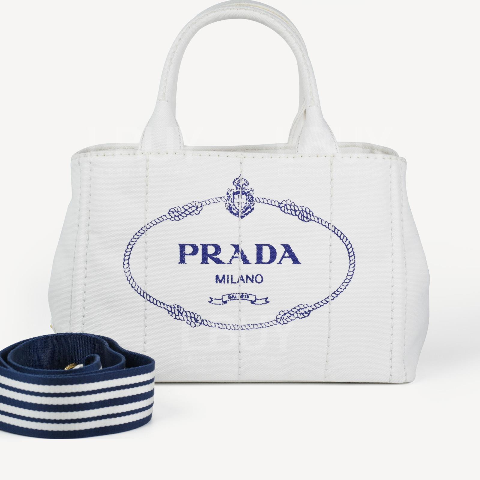 Prada Denim 白色牛仔布手挽袋单肩袋 配蓝白肩带
