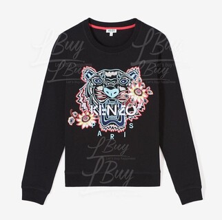 KENZO Ladies Colour Embroidered Flower Tiger Printed Black Long Sleeve Sweatshirt