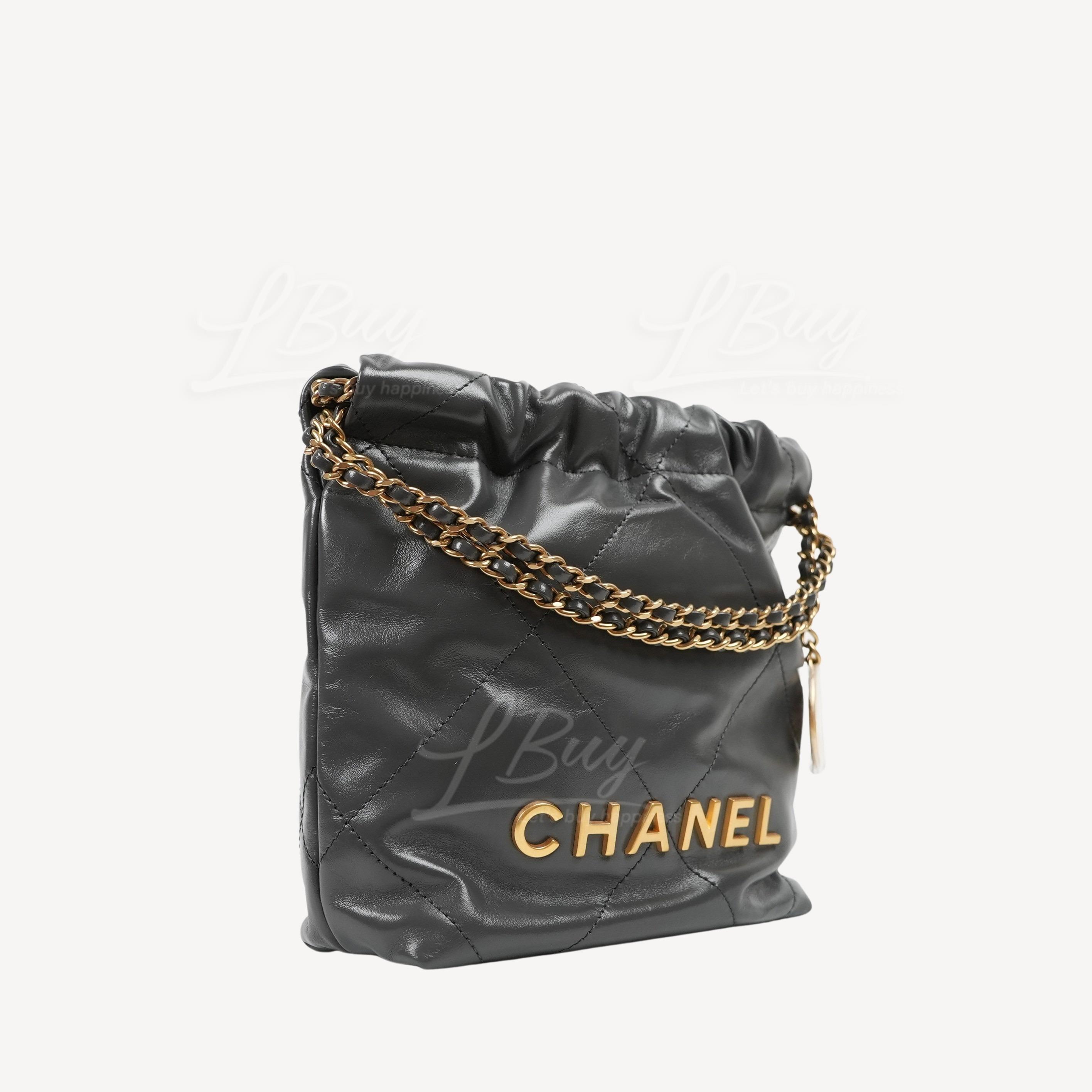 Chanel-Chanel 22 Mini Handbag 金色Logo光面小牛皮深灰色迷你
