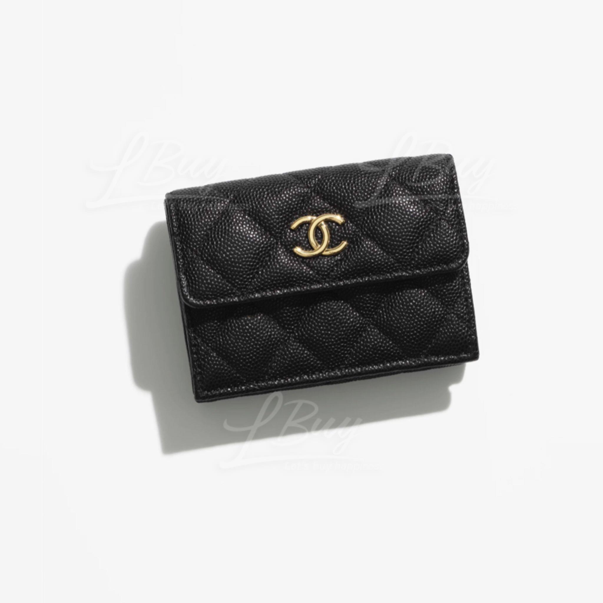 Chanel 三折式銀包零錢包 黑色粒紋小牛皮金色CC Logo