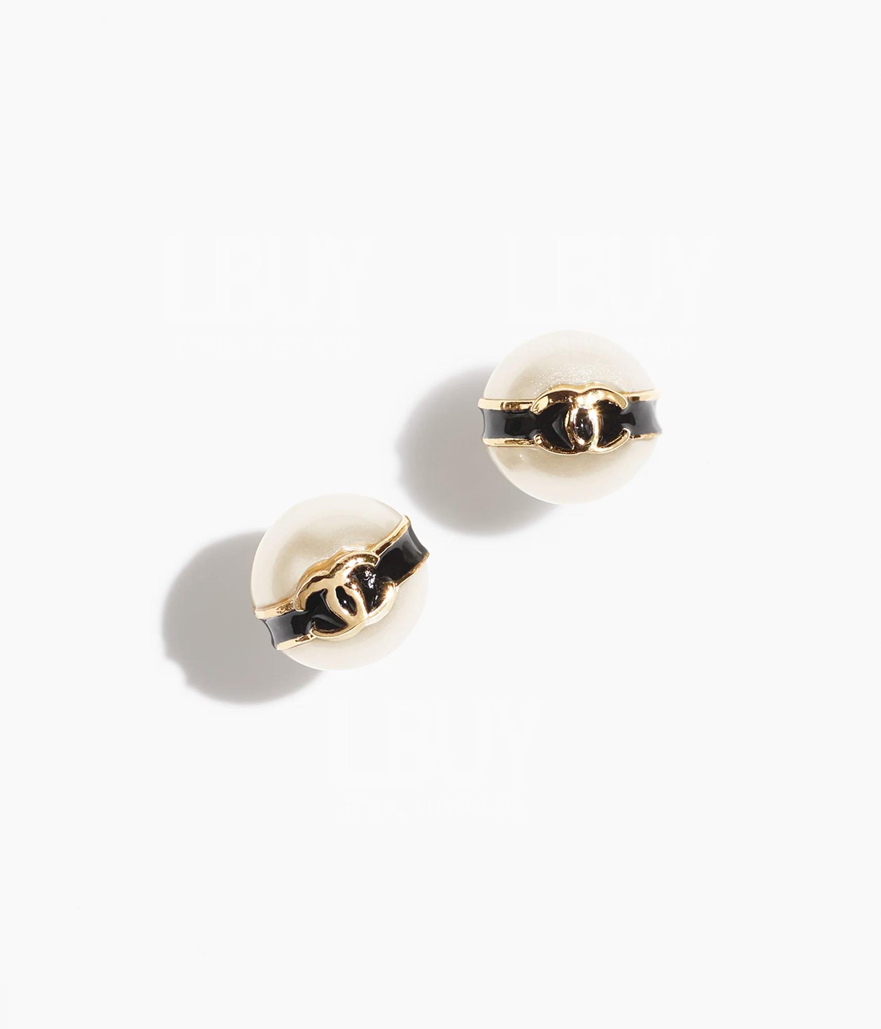 Chanel Black and Gold CC Logo Pearl Stud Earrings ABD270