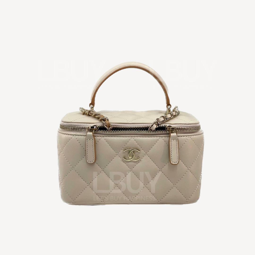 Chanel Vanity Case 鏡子盒底CC Logo 米色拼金色手挽鏈帶長型化妝盒子 AP2199