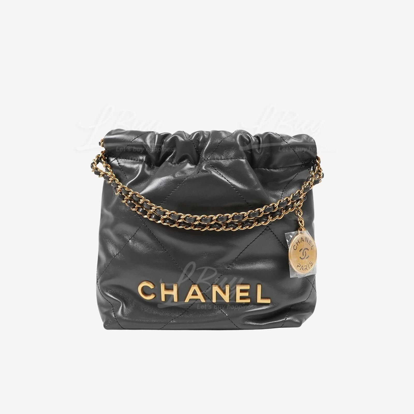 Chanel 22 Mini Handbag Gold Logo Shiny Calfskin Dark Grey AS3980