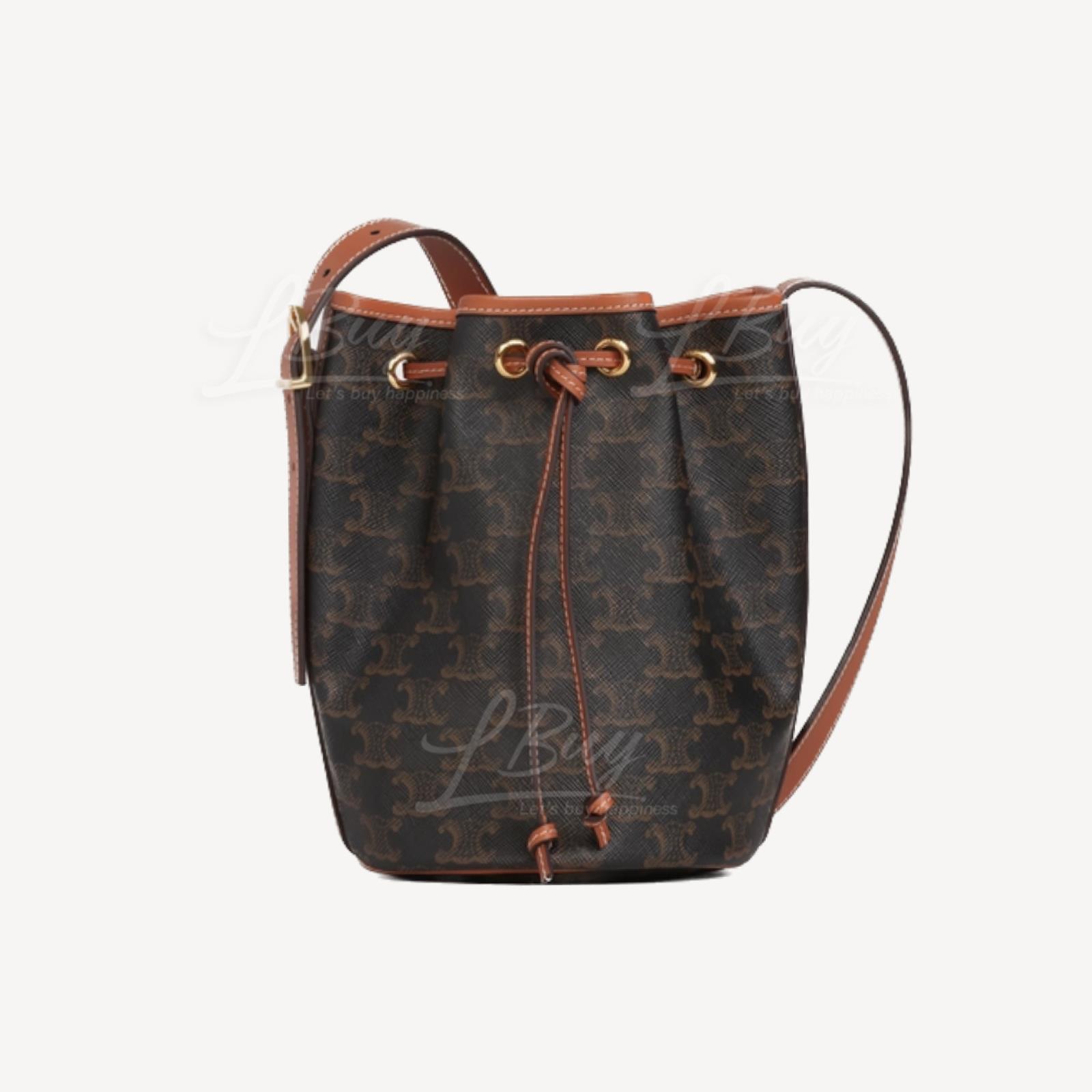 Celine Small Drawstring Bag In Triomphe Canvas And Calfskin Tan