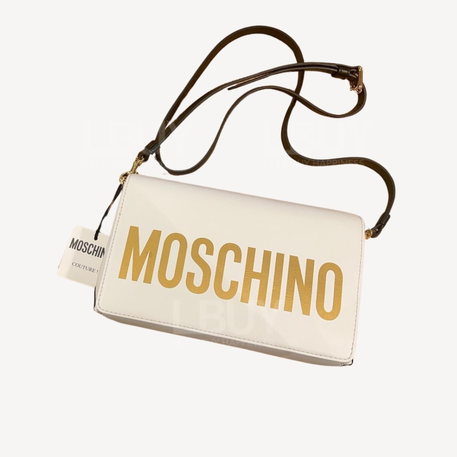 Moschino 白色併金色Logo斜孭袋