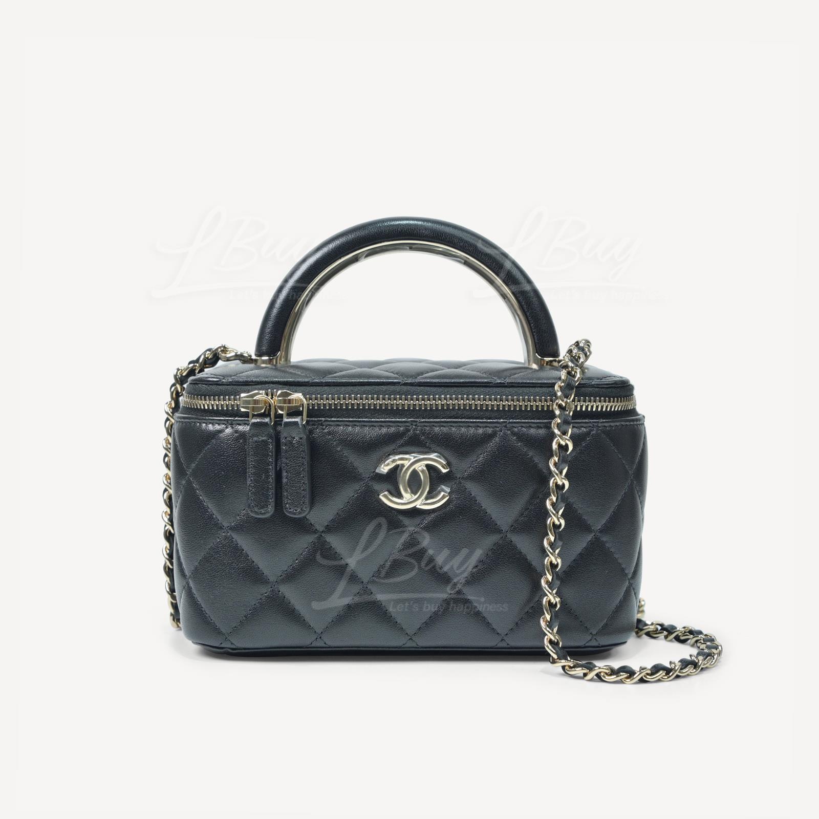 Chanel Vanity Case 镜子盒底CC Logo金色金属手挽链带黑色长型化妆盒子 AP2846