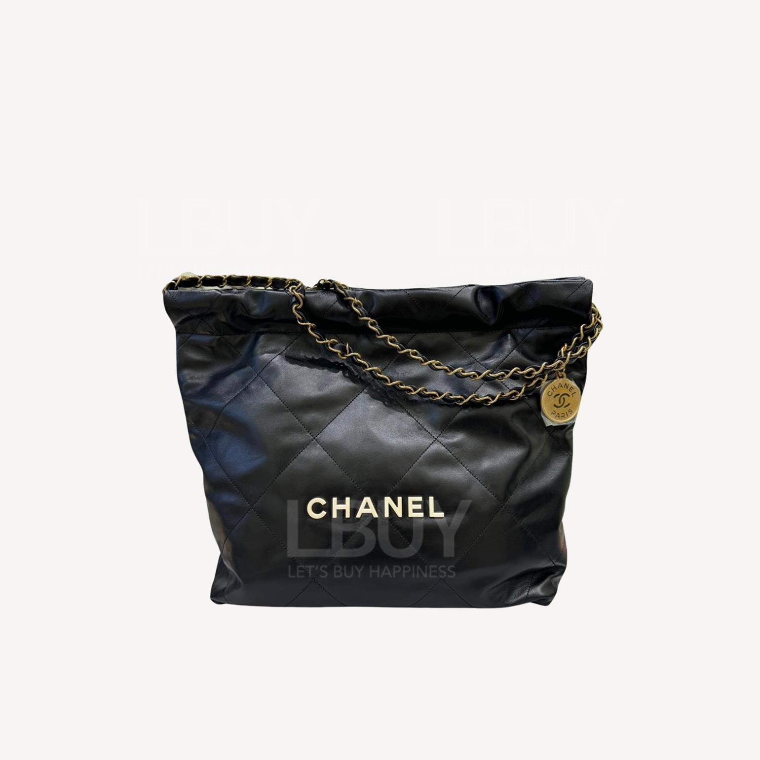 Chanel 22 Handbag白色Logo光面小牛皮小號手袋  黑色 AS3260