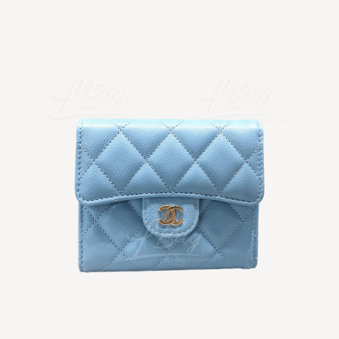Chanel 经典款细号垂盖银包 粉蓝色 金扣 AP0231