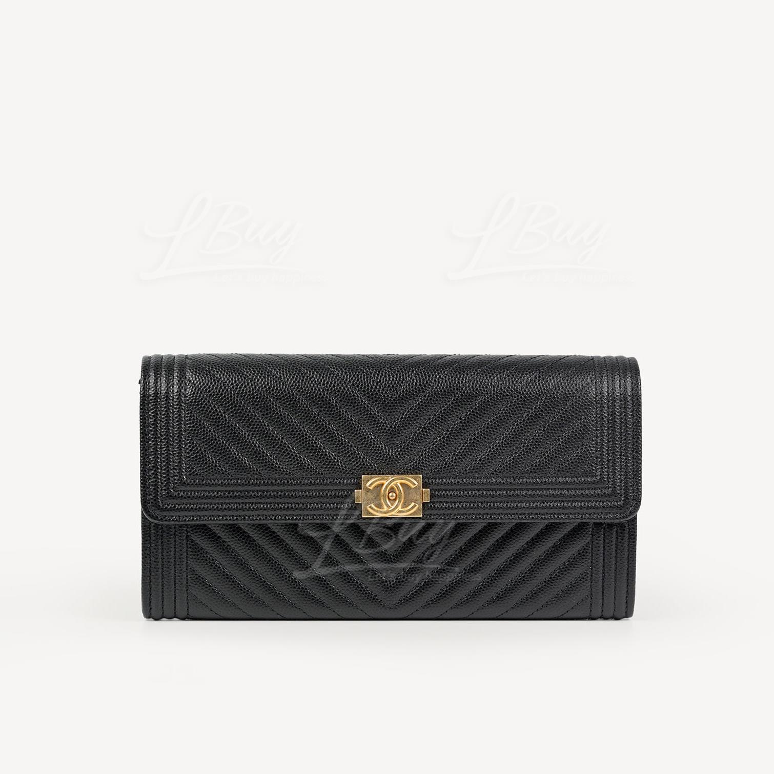 Chanel Boy Classic V Pattern Long Wallet with Gold Buckle