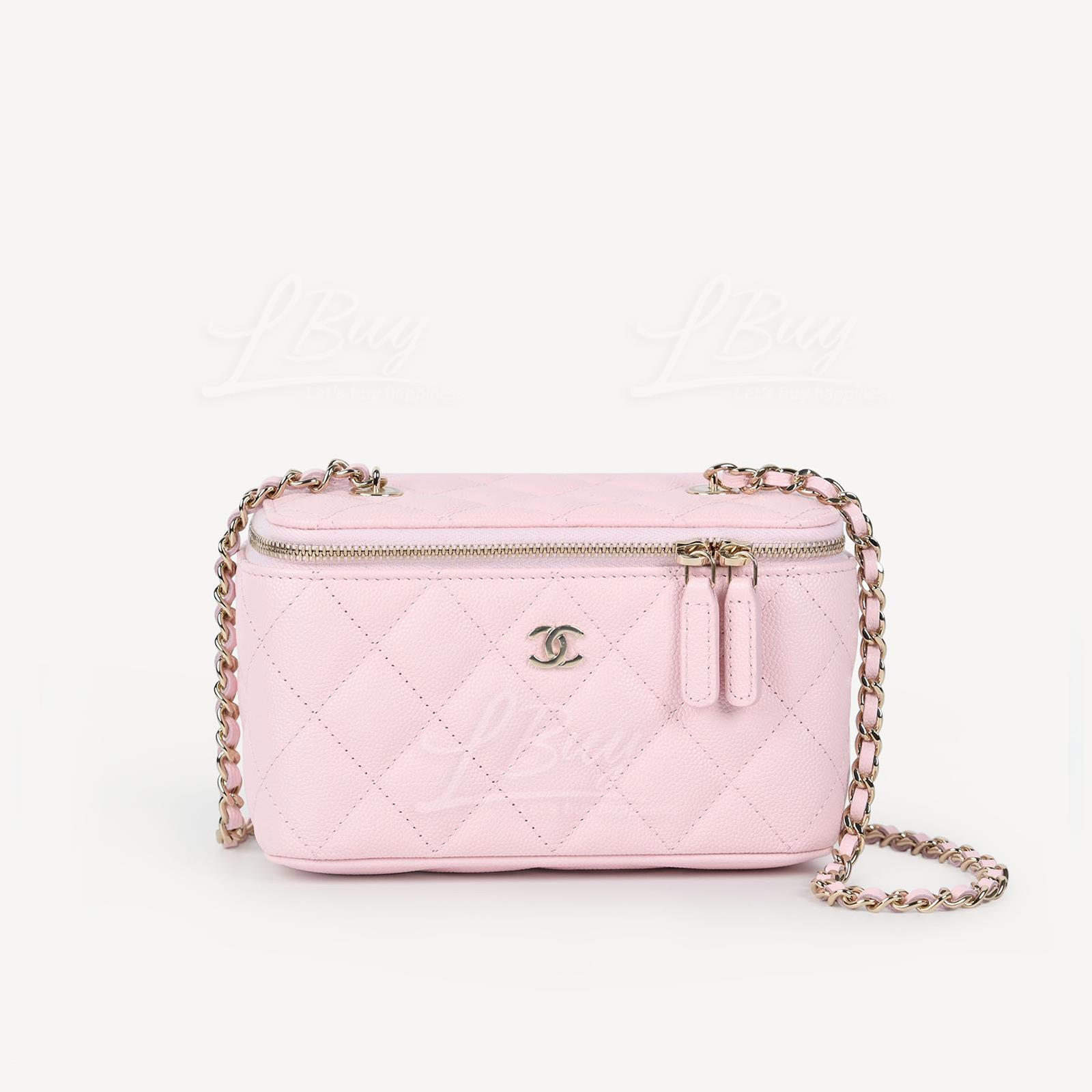 Chanel 镜子粒纹小牛皮盒底CC Logo浅粉红色链带长型化妆盒子 AP1341