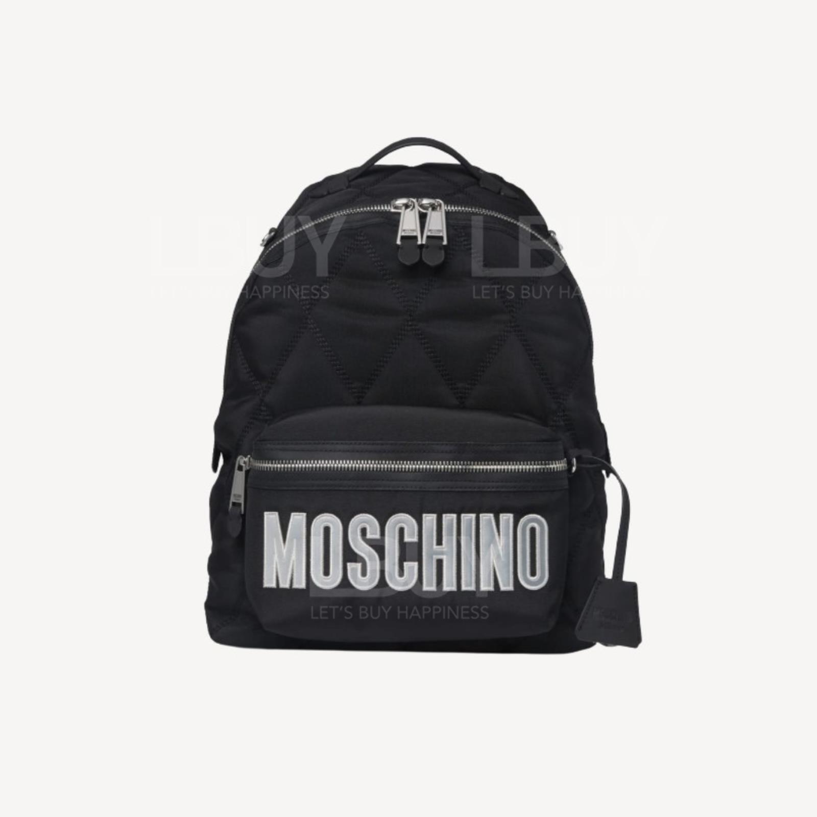 Moschino 黑色菱格紋併銀字Logo雙肩包