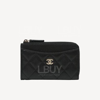 Chanel 黑色粒紋小牛皮金色CC Logo拉鍊卡包零錢包 AP3179