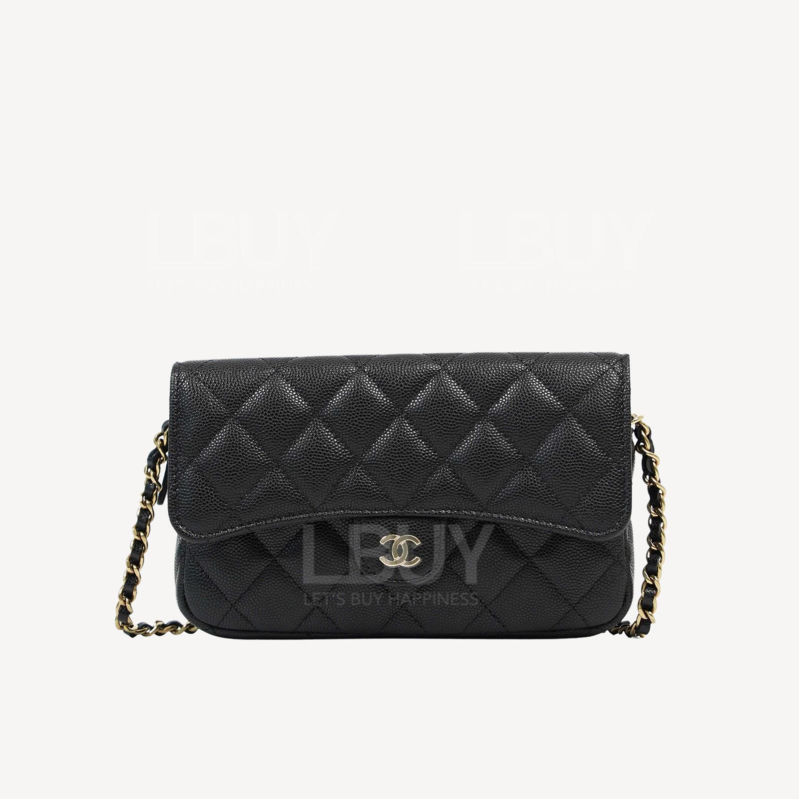 Chanel 黑色粒紋小牛皮金色CC Logo雙層鏈帶手機袋 AP2096