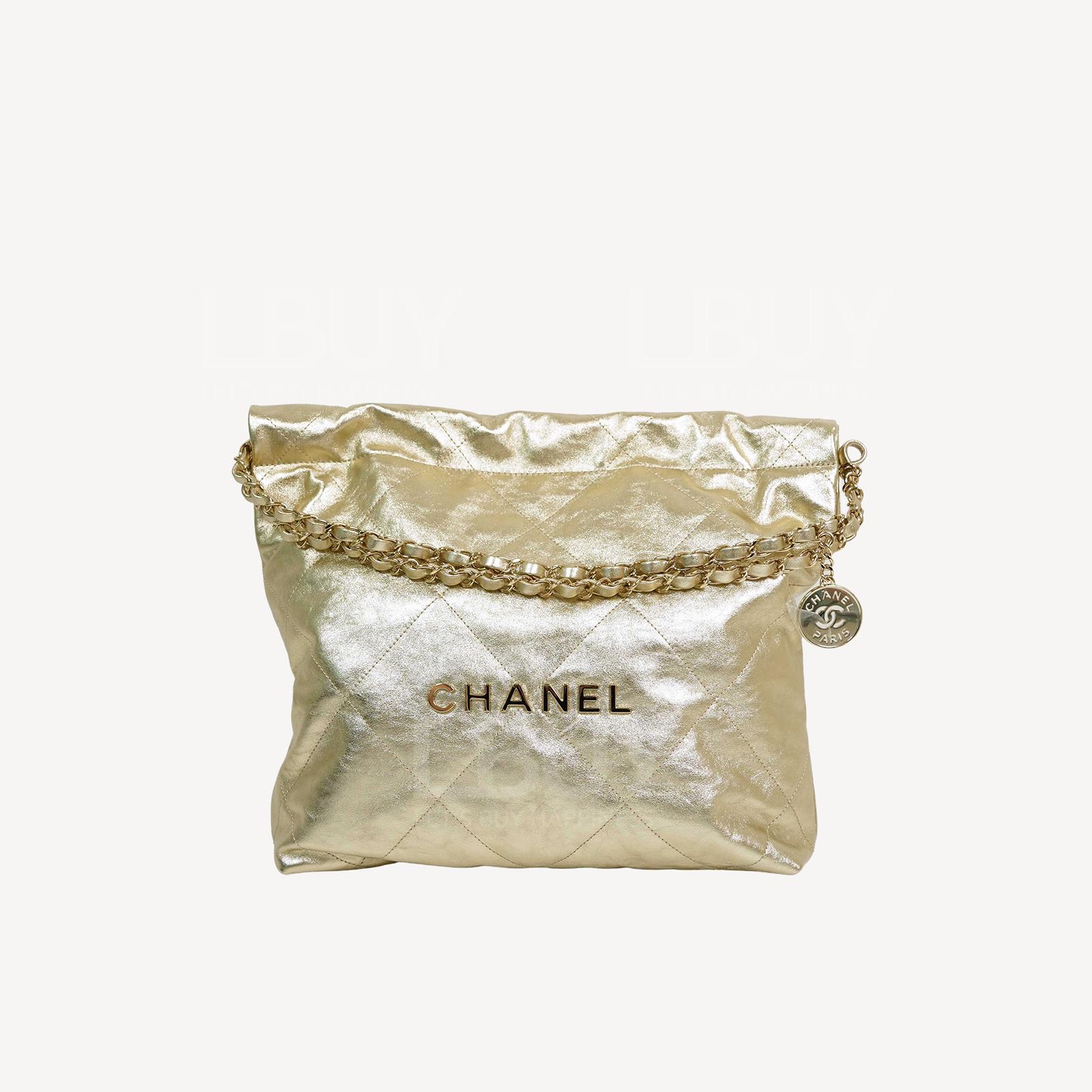 Chanel 22 Handbag Gold Logo Shiny Calfskin Small Bag Gold  AS3260