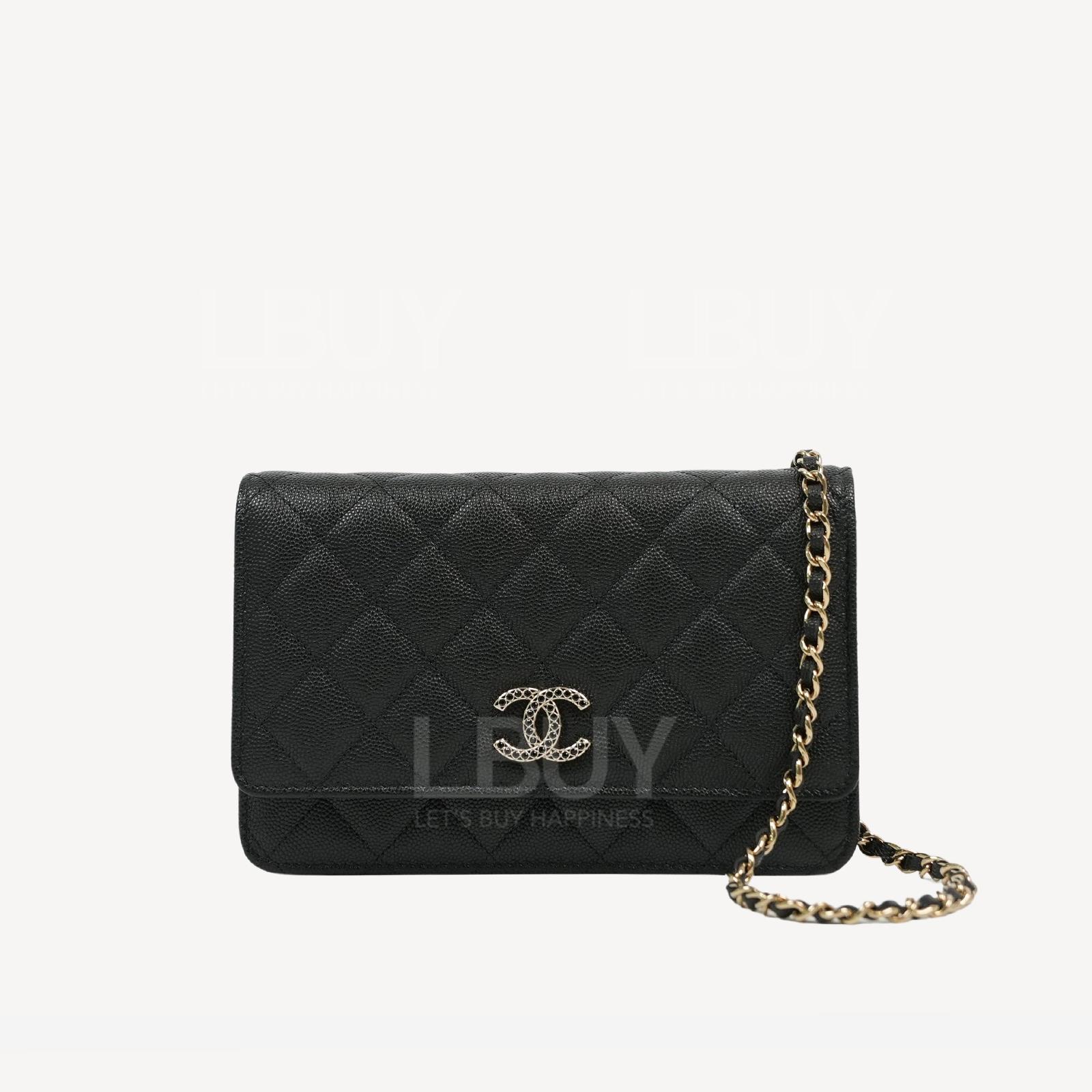 Chanel 粒紋小牛皮水晶金色CC Logo黑色經典款鏈條 WOC AP3395