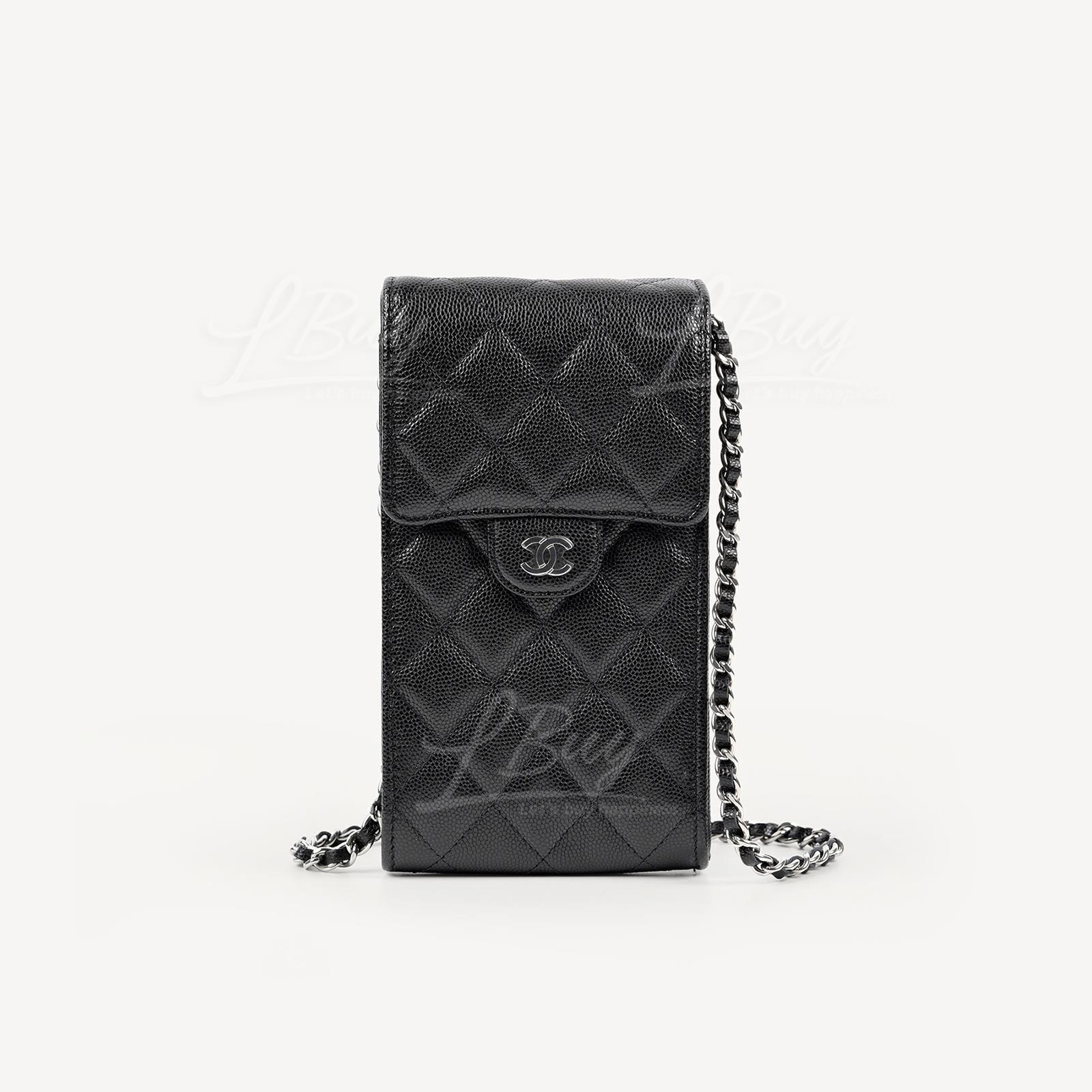 Chanel 粒紋小牛皮 手機鏈袋 銀色CC Logo