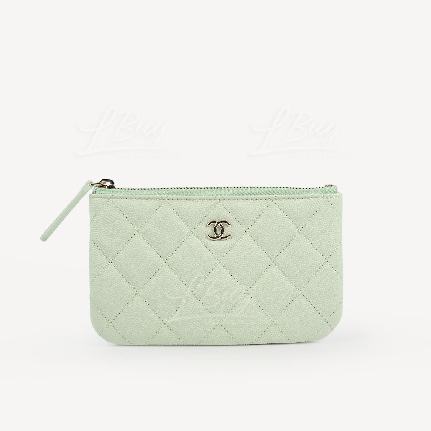 Chanel 經典拉鍊銀包迷你手提包 淺綠色配金色CC logo A82365